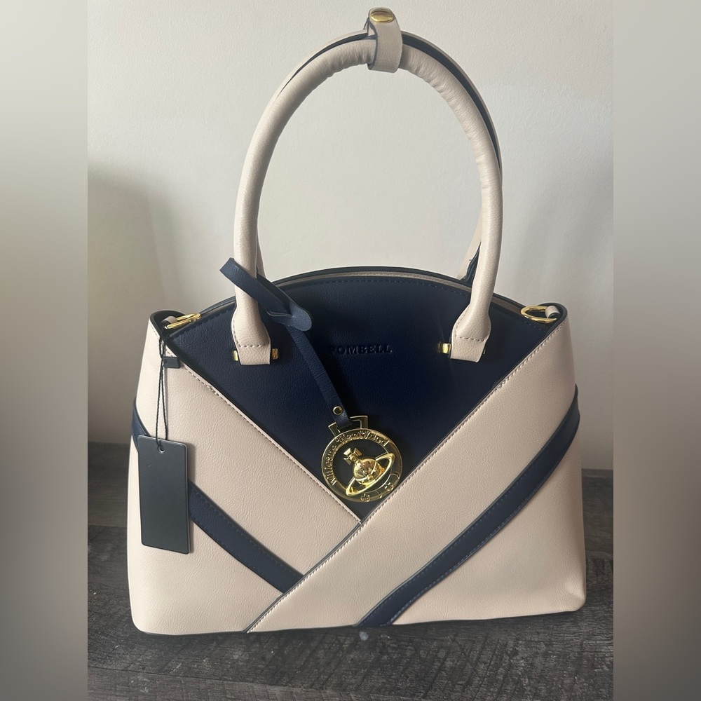 Pompeii Colorblock Navy & Cream Satchel + Matching Clutch (NWT) - Picture 3 of 12
